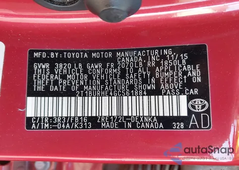 2016 Toyota Corolla L/Le/Le Pls/Prm/S/S Pls из США, поврежденный, VIN 2T1BURHE4GC561884